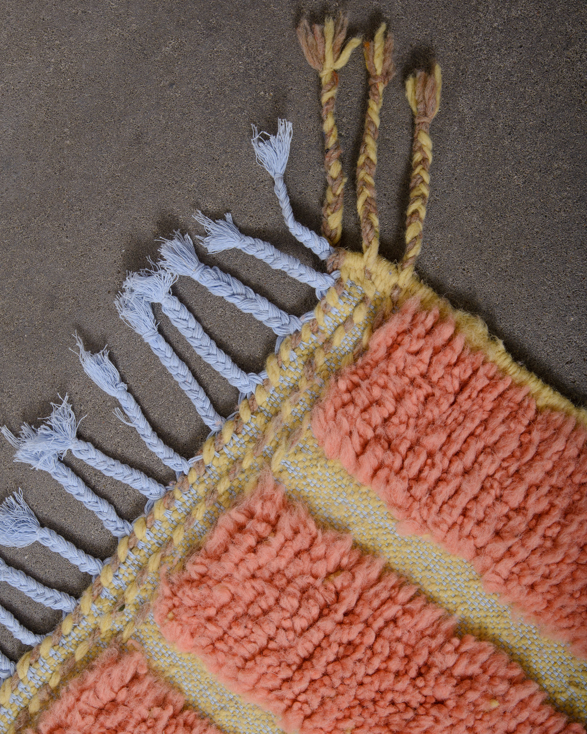 Modern, designer, handcrafted Berber rug from Morocco. Beniourain carpet with beautiful colours and patterns and fluffy wool texture.